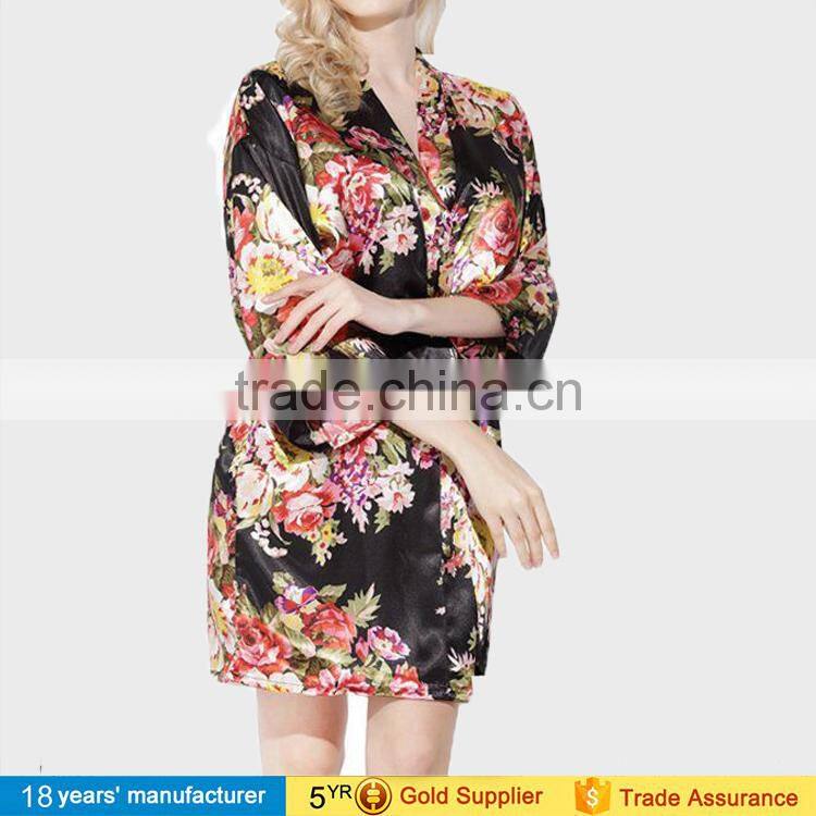 2017 fashion summer nightgown sleepwear 100% polyester printed floral wedding bride bridesmaid silk satin short kimono Robes