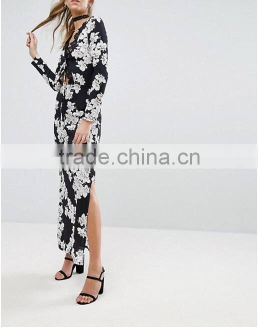Spring New Women Black Floral Print Chiffon Dress Long Sleeved Long Maxi Dress