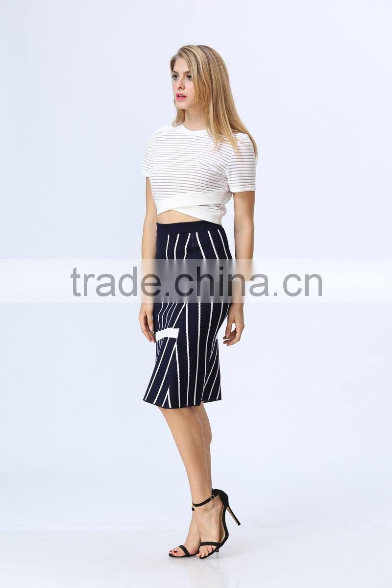 2016 New arrival white & black stripe knited Crop and Skirt Co-ord Set