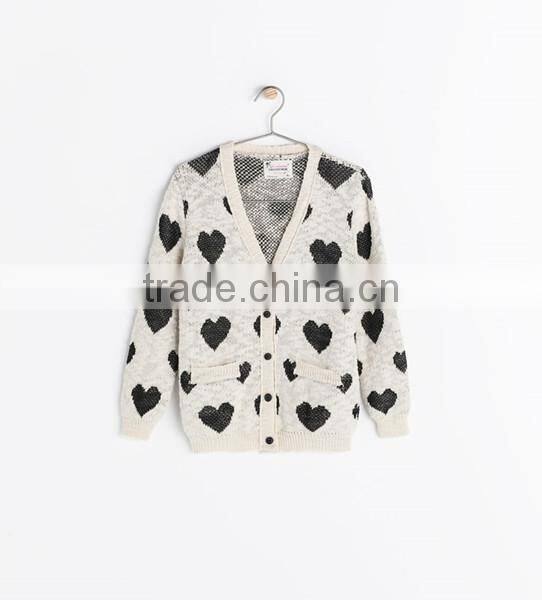 2014 Girl's sweet long sleeve heart pattern jacquard cardigan sweater