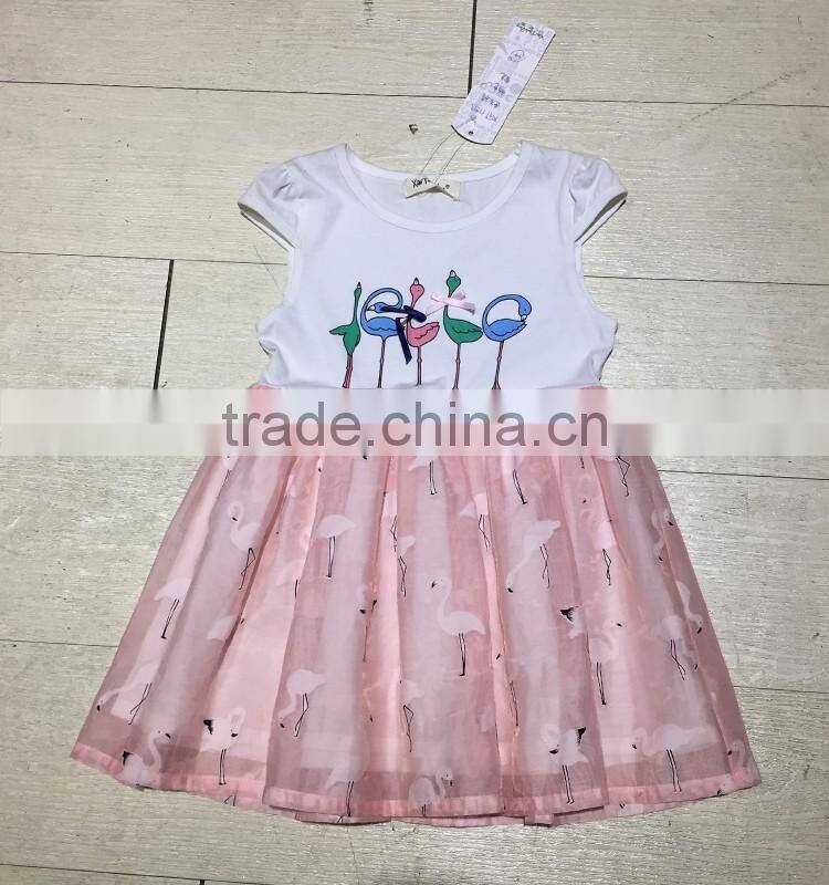 2017 Wholesale Cotton Spandex with Printing Dress Contrast Organza Skirt Part Cute Childrenswear