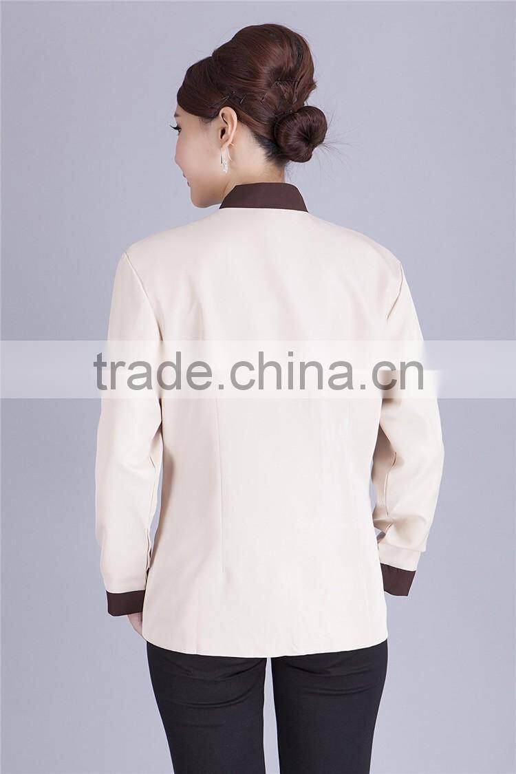 Juqian Wholesale cheap beige fashional design korean collar anti-foul hotel cleaner workwear work uniform