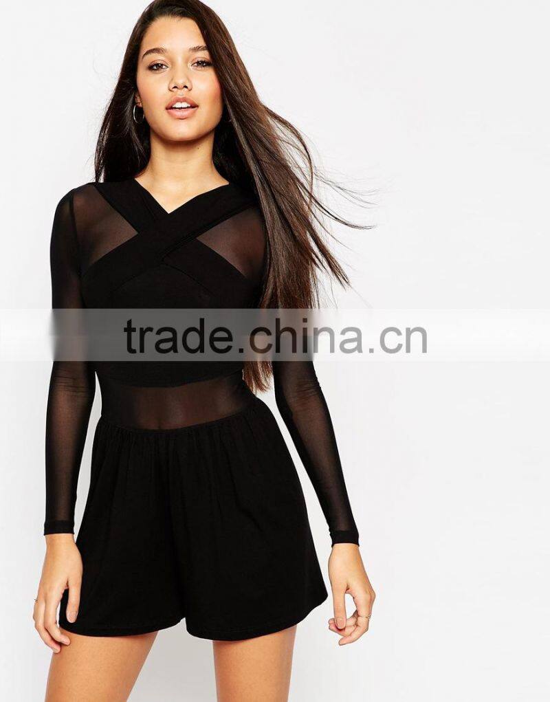 Sexy cross front mesh insert jersey romper fashion adult romper pattern