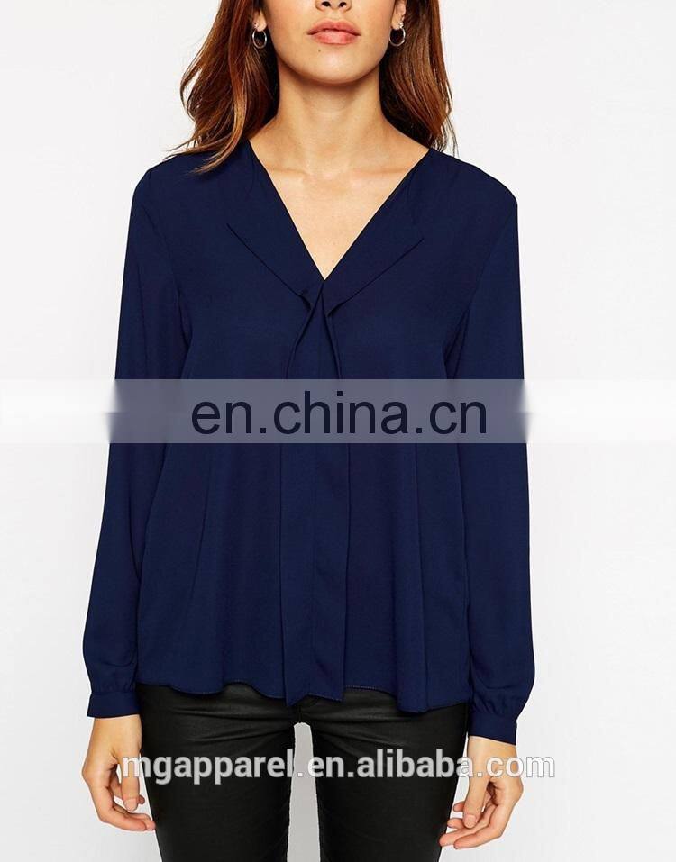 New design draped trim long sleeve woman blouse 2015 fashion chiffon blouse
