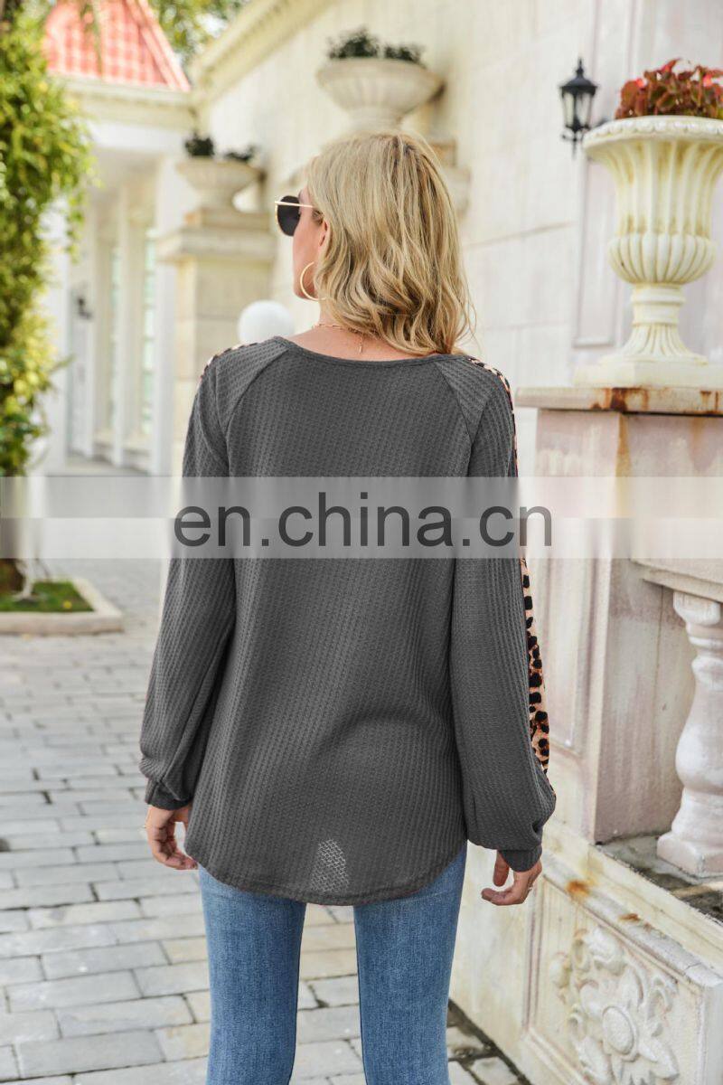 Custom logo spring and autumn women's Amazon autumn and winter new long-sleeved waffle leopard print stitching T-shirt