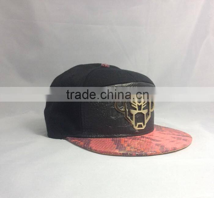 Custom gold metal plate snapback hats red leather strap buckle snapabck hat