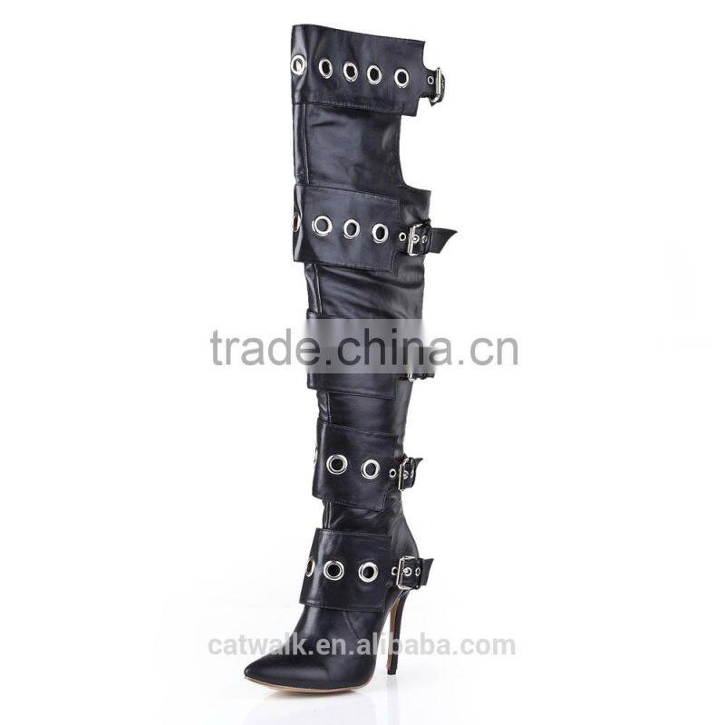 Over the knee lace up boots front round metal embelished thigh high boots cut out knee high gladiator boots