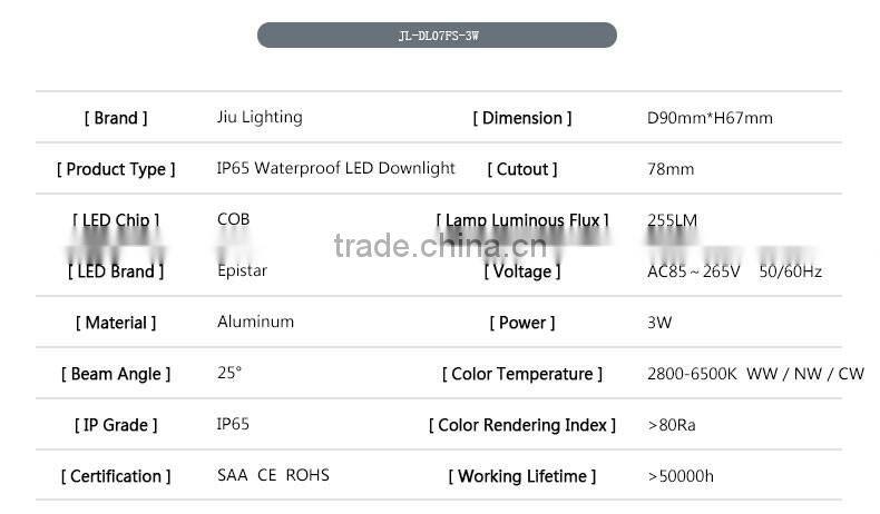 Highly Reliable Long Lasting White or Black Color Round Shaped 78mm Cutout 3W 5W 7W 9W IP65 LED Downlights