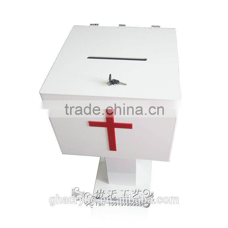 GH-RJ003 white acrylic donation boxes with locks/white donation boxes with red cross