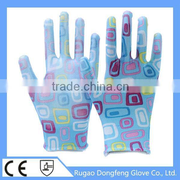 High Performance Polyester Printing Transparent Nitrile Coated Gardening Gloves
