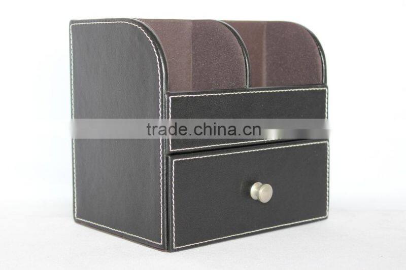 Desktop Faux Leather Pen Holder with Drawer/Multifunctional MDF Pen Box