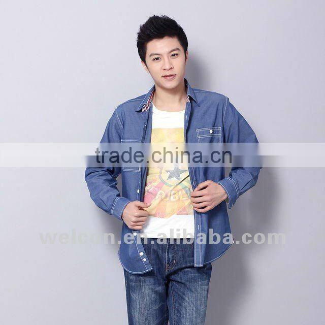 New 100% cotton chambray long sleeve famous brand name design fashion men's casual shirts