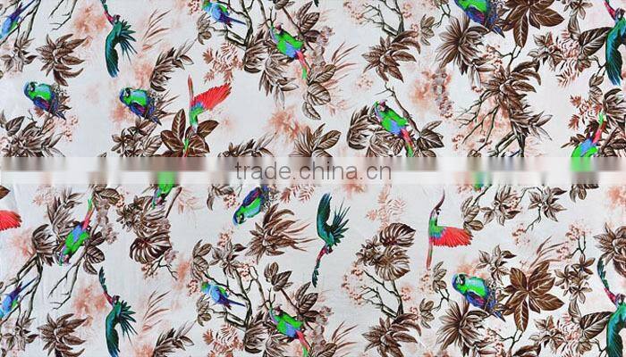 parrot bird branch leaf printed silk linen blend fabric