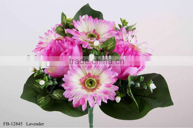 33cm Artificial Peony/Gerbera Bush x13 With 3 Large Leaves