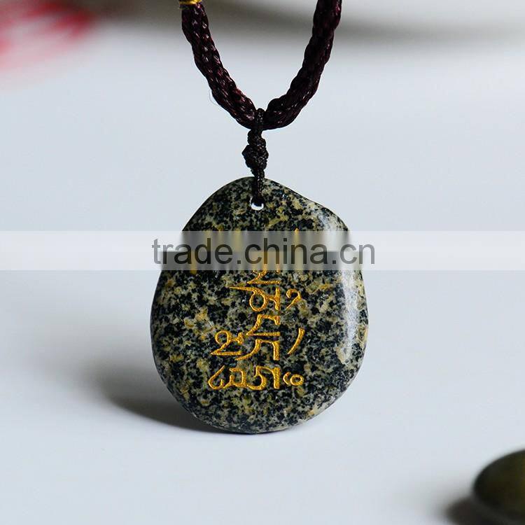 Exquisitely Engraving Carving Type Handmade Natural Stone Pendant Necklace Folk Art Style Reiki Stone Praying Mani Stone Pendant