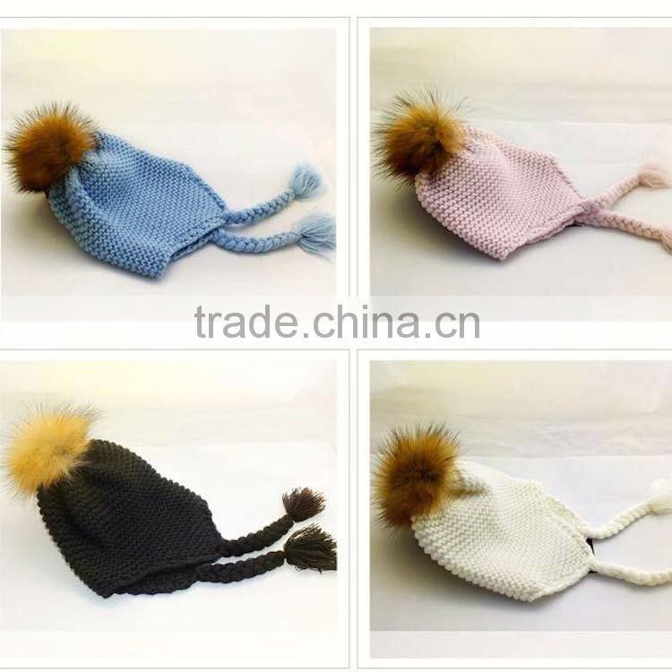 New Style Winter Warm Crochet Wool Baby Beanie Hat with Raccoon Fur Pom poms Ball/Earflaps