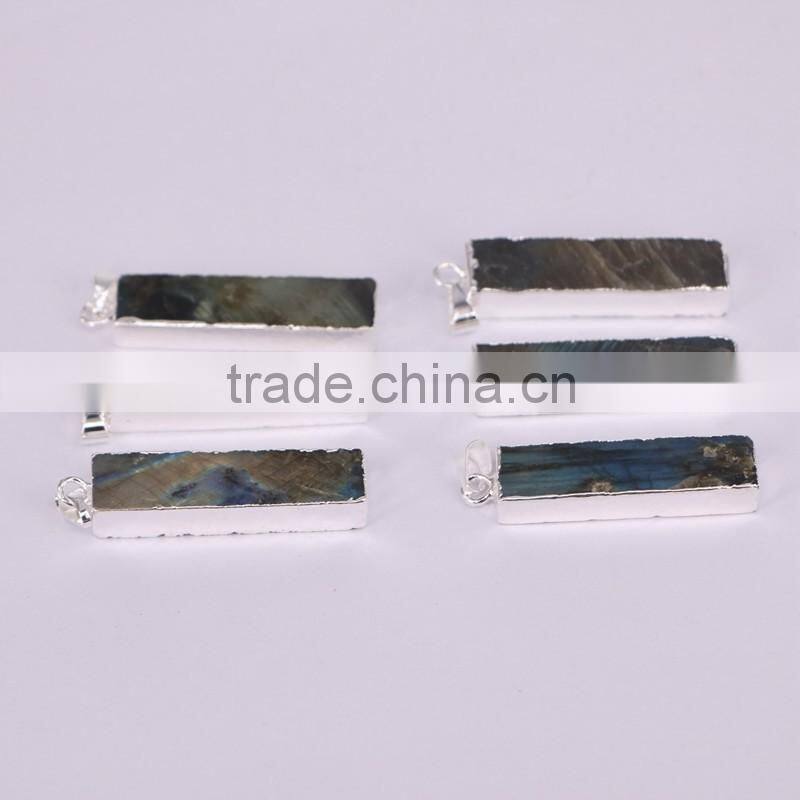 Rectangle Bar Labradorite Pendant, Silver Plated Gem stone Pendant, Rainbow Stone Jewelry