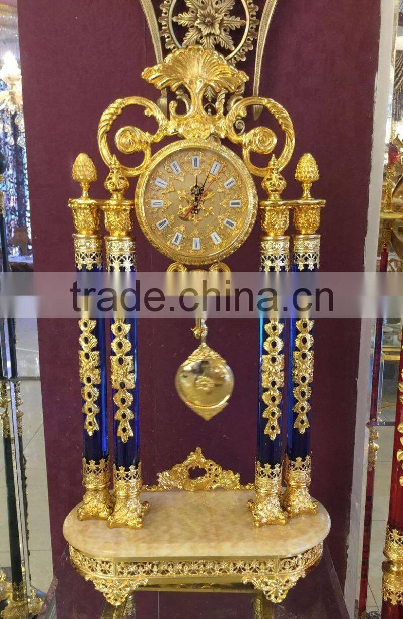 Royal Brass and Crystal Decorated Art Table Clock, Luxury Design 24K Gold Plated Table Clock, Empire Gold Gilt Table Clock