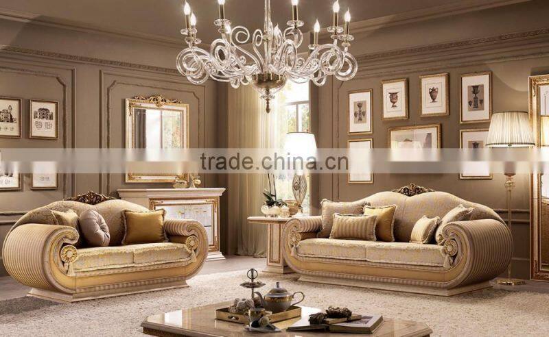 Italian Palace Golden Fabric Love Sofa/Two Seater Sofa With Matching Wooden End Table(MOQ=1 SET)