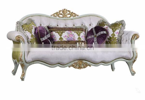 Elegant Purple & Green ButtonTufted Cuddle Sofa, Wood Carved Furniture Living Room Sofa, Retro Style Chesterfield Sofa Set