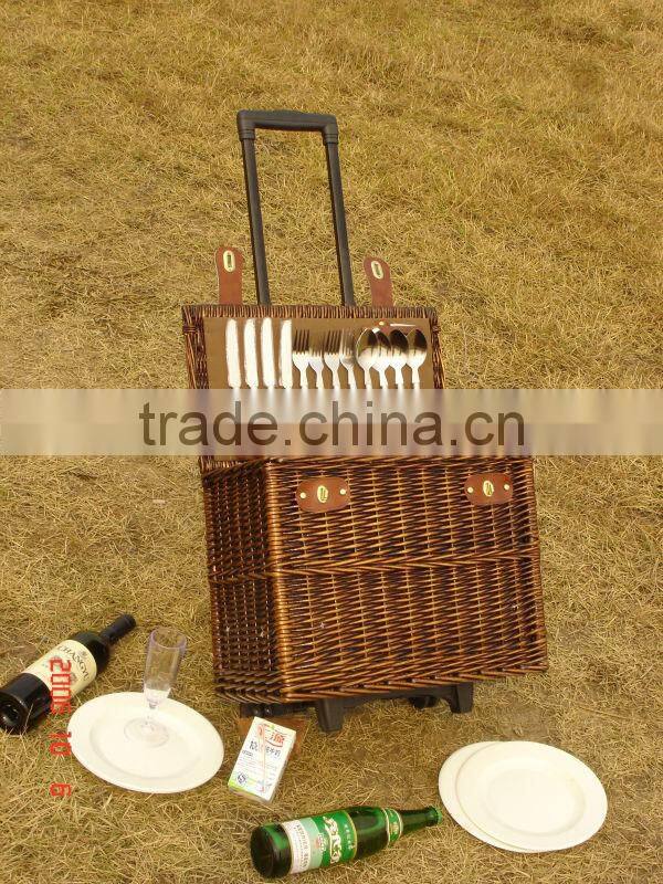 handweave wicker picnic basket with wheels& trolley&pull rodand wheels in autumn &fall
