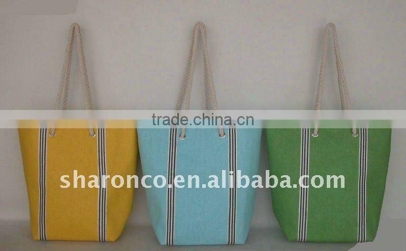Candy strip paper straw fabric beach bag with handle