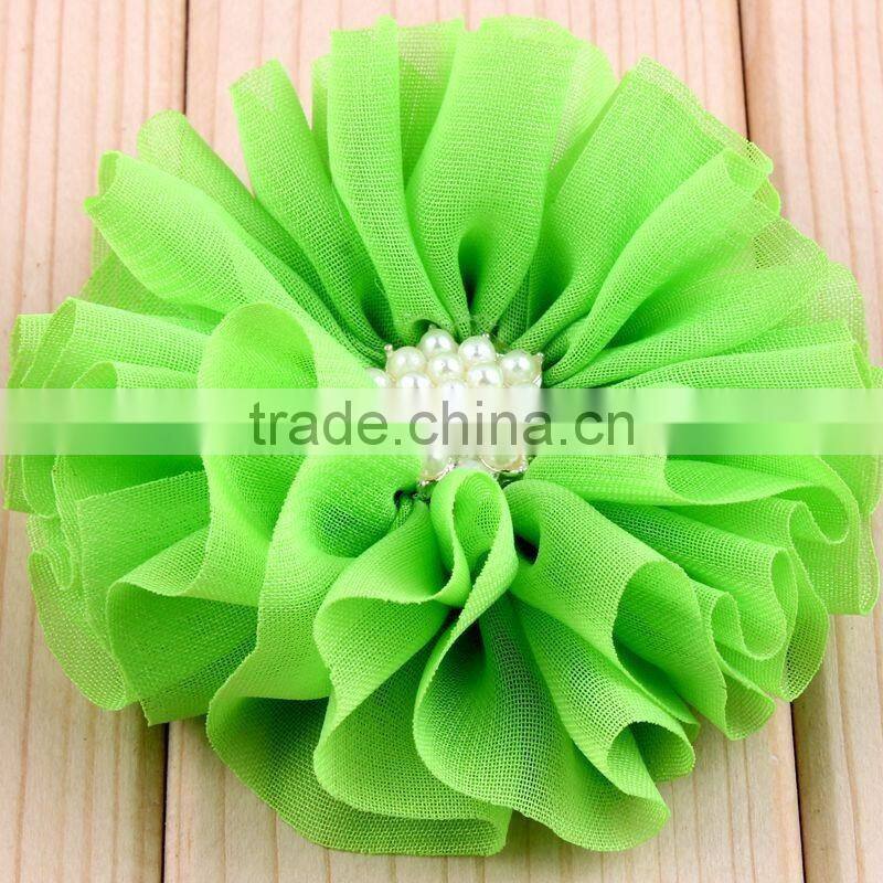 hot cutting chiffon flower with pearl bead center for kids hair accessories