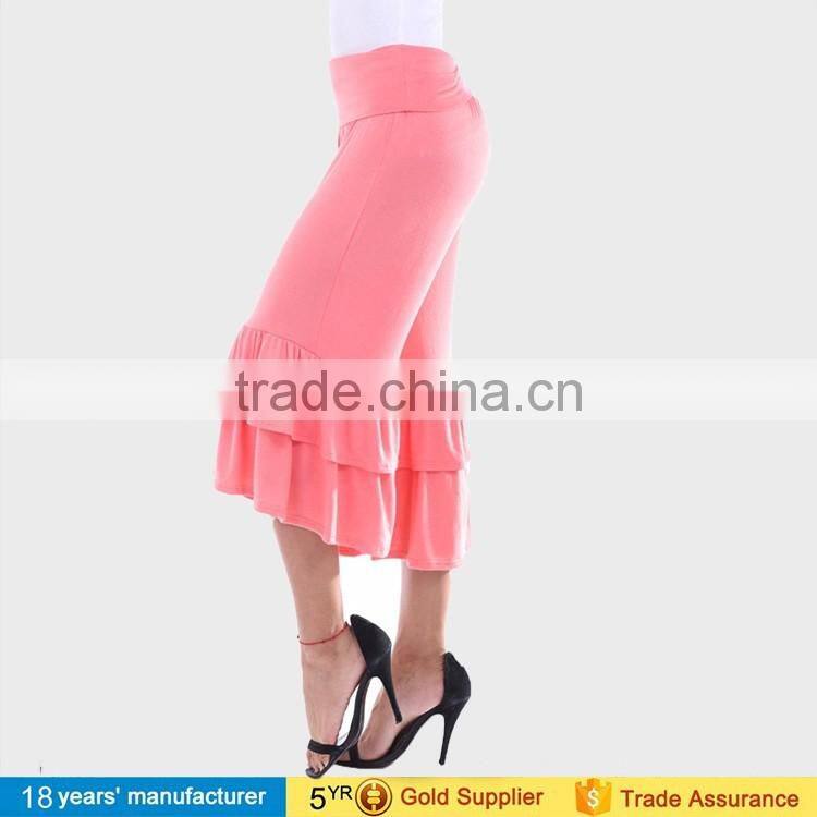 OEM wholesale casual High waist knee length capri palazzo pants ruffle wide leg gaucho pants for women