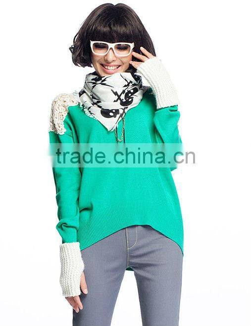 OEM ladies fashion O-neck lace mixed woman kint sweater