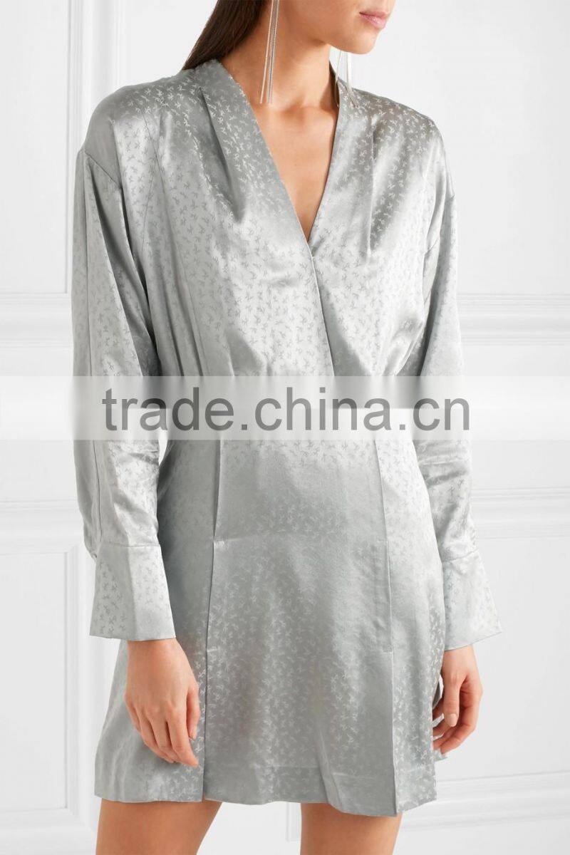 Latest Metallic Gray-green Long Sleeve Wrap Effect Silk-Jacquard Mini Dress Design Pictures Names Of Ladies Dresses HSD5932