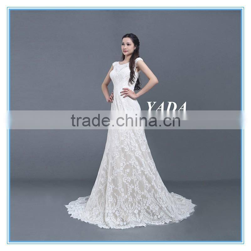 High Quality Italian Lace Cap Sleeve A Line Long Wedding Dress