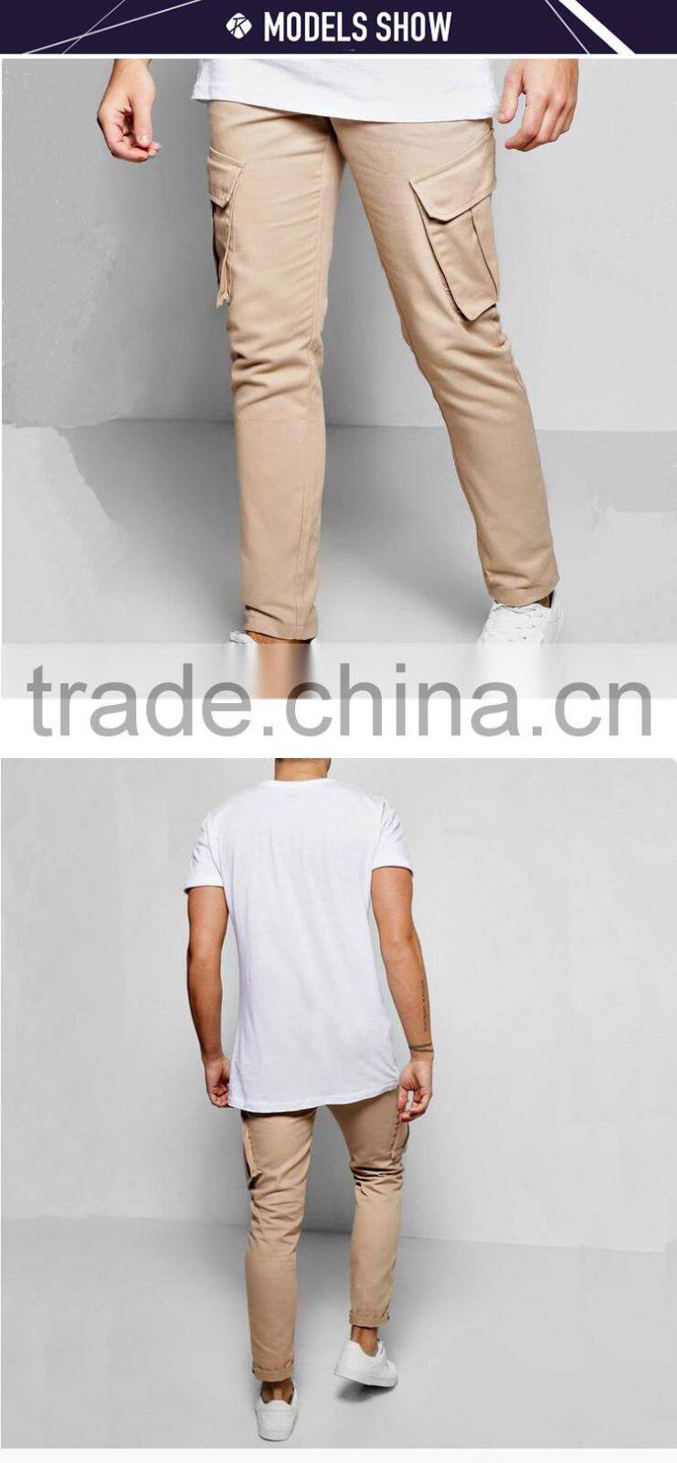 Popular khaki cargo trousers men skinny straight leg pants with raw edges hem