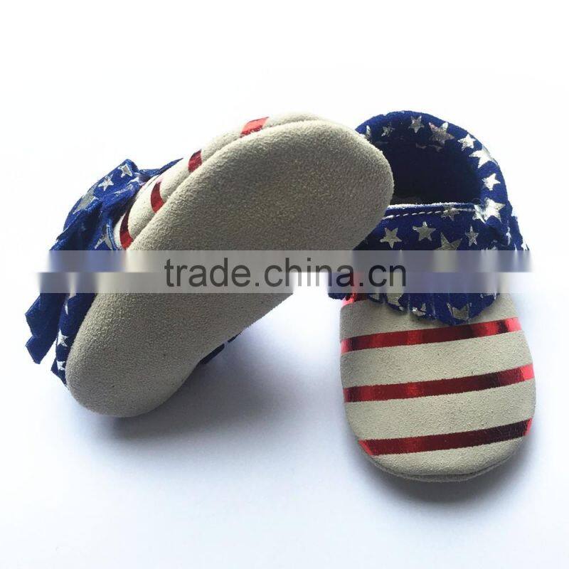 American flag design genuine leather suede outsole breathable baby moccasin shoes