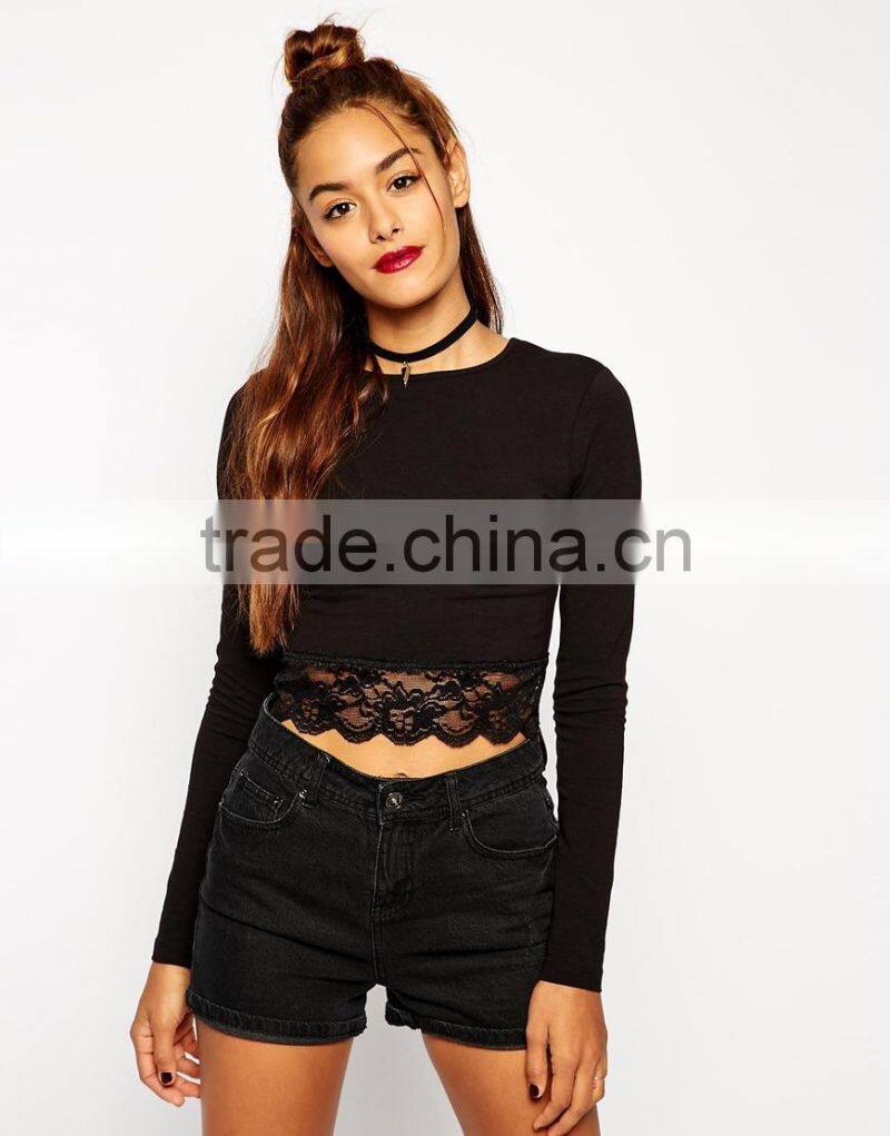 Top with Long Sleeves and Lace Trim Hem china products