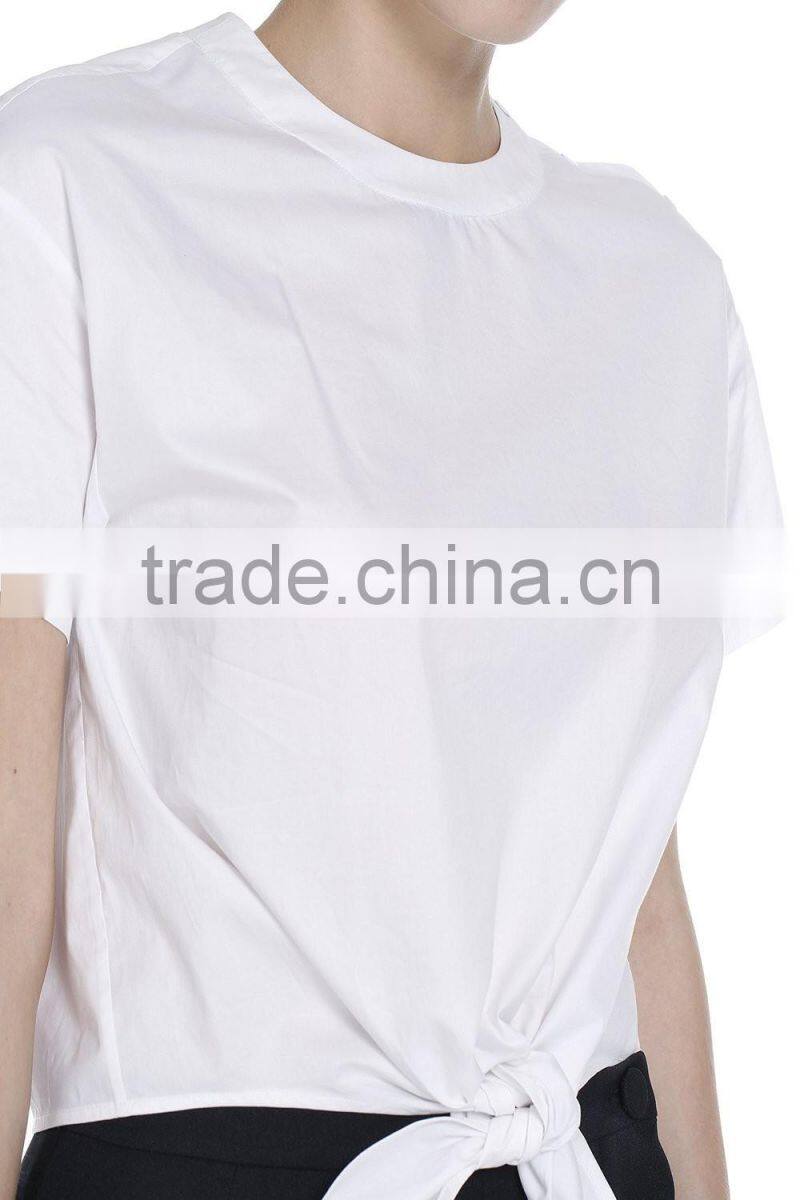Ladies white shoulder snap button short sleeve woven t shirt with front bow