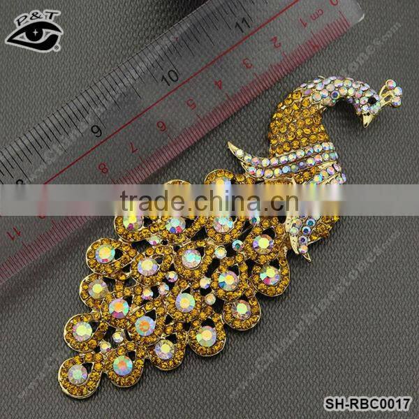 Rhinestone brooches crystal AB golden peacock design for clothing dress