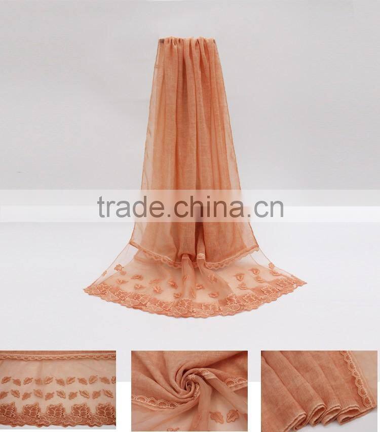 New fashion classic plain dyed TR viscose thin leaf silk lace trim ribbon hijab scarf for custom