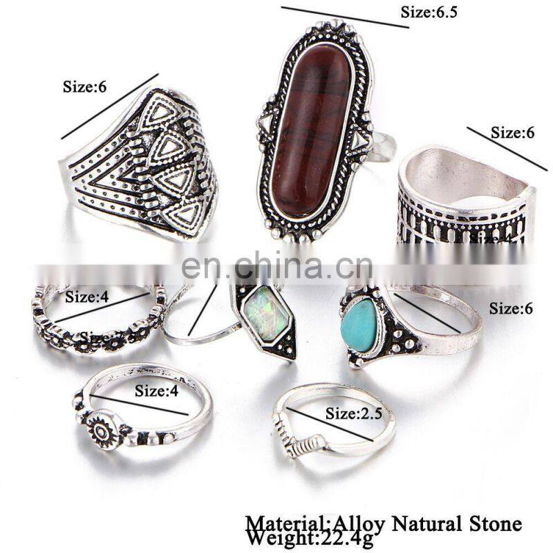 8 Pcs/set New Gold Retro Vintage Women Lady Gemstone Turquoise Jewelry Punk Rings Sets