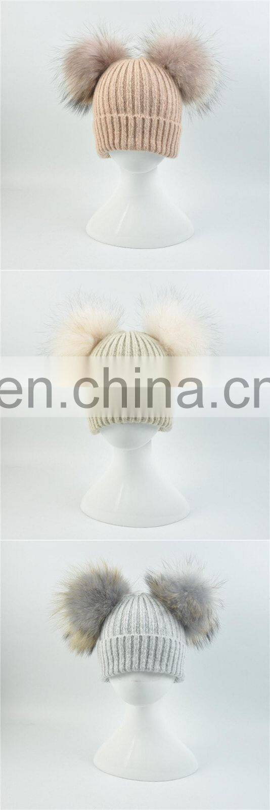 Brand Cute Baby Crochet Hats and Caps with Two Real Raccoon Fur Balls Top Color Matching Hat