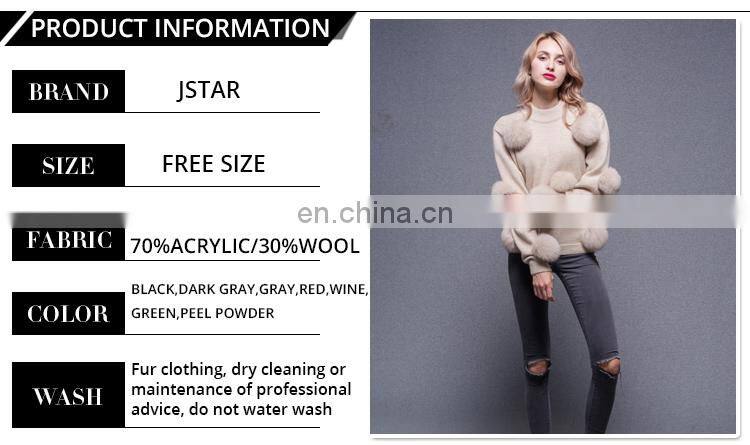 Woman black custom pullover sweater with a lot fox fur ball