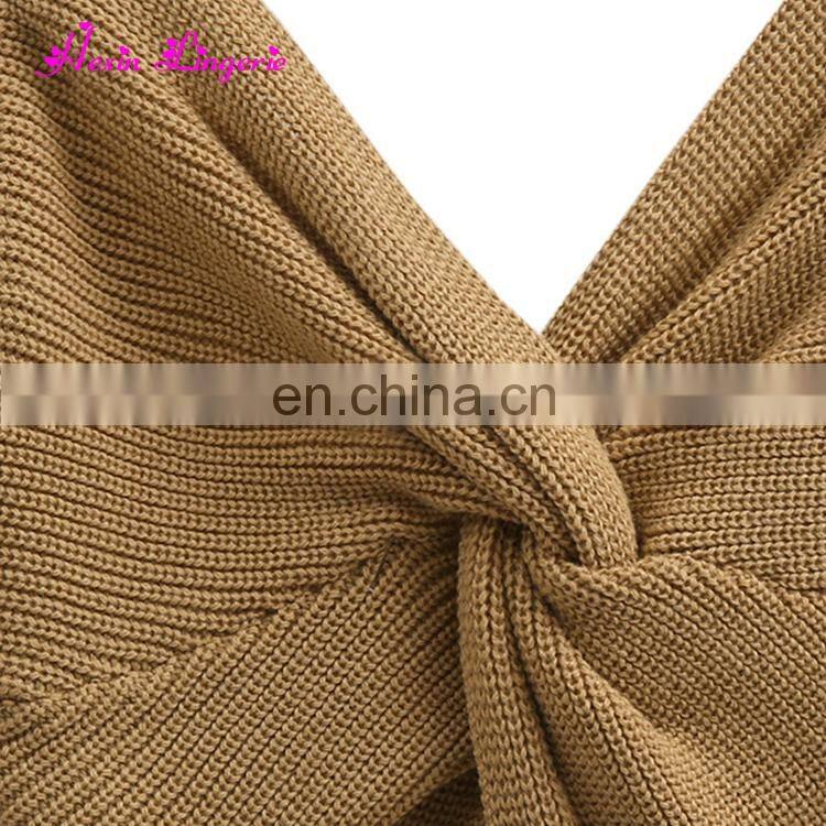 Eaby Hot Sale khaki V-neck backless knitting cheap women cashmere ugly sweater