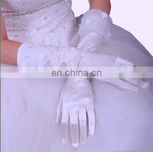 Ivory Satin Full Finger Bridal Glove With Organza Cuff Satin Rose Appliqued And Pear Beaded Hand Made Midi-length Wedding Glove