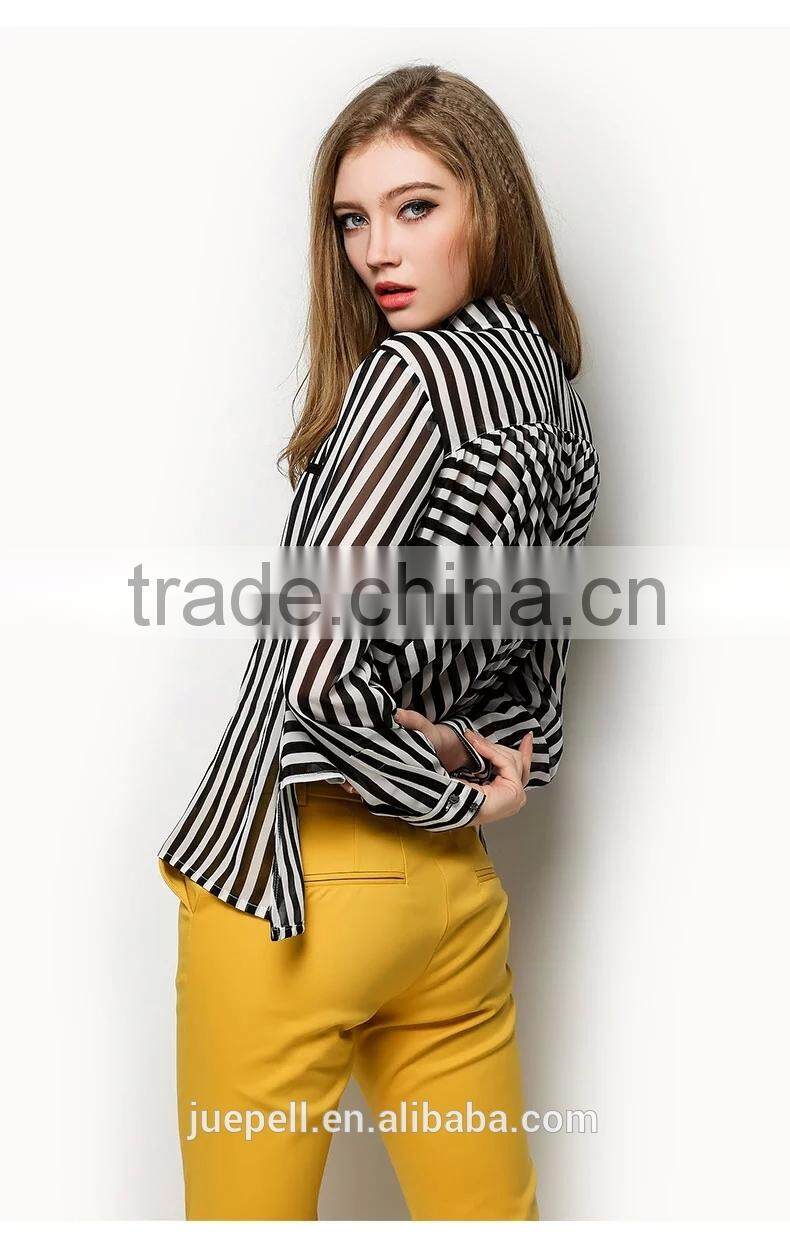 2015 Ladies' white and black stripe Long sleeve Chiffon Blouse for Summer