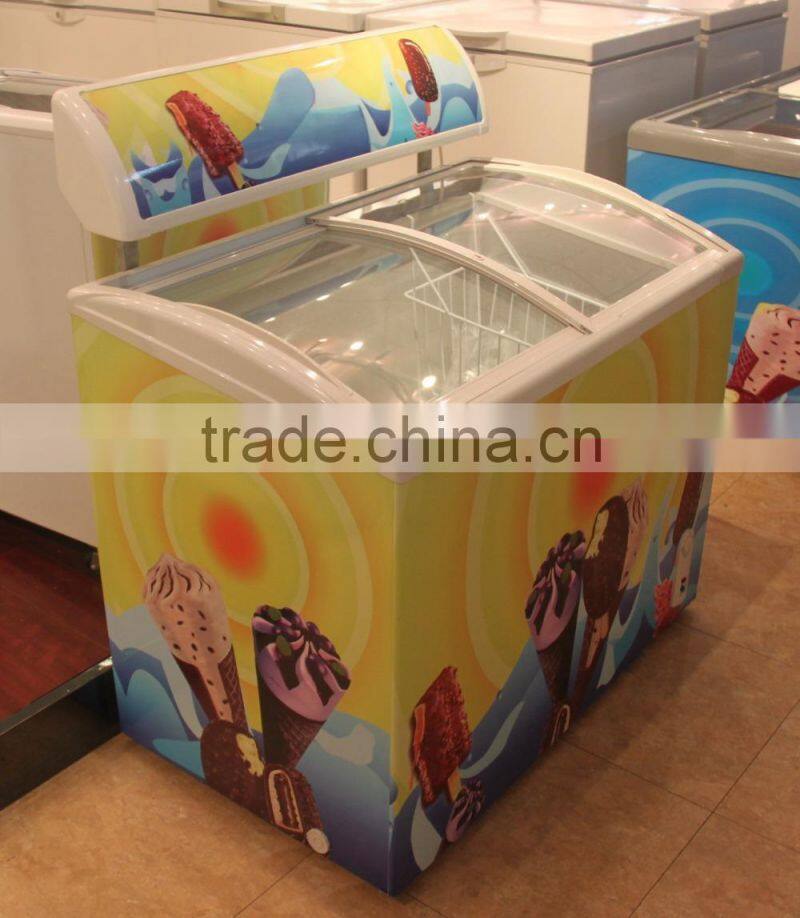 Curved sliding glass door popsicle display chest deep freezer manufacturer