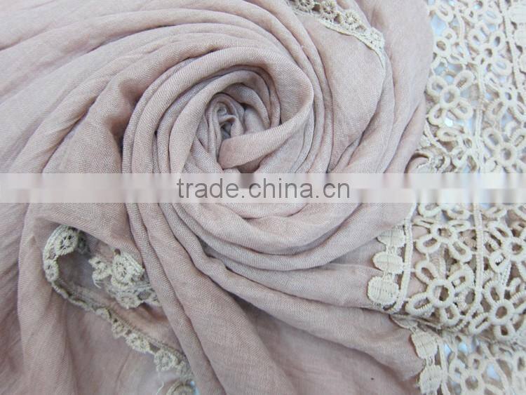 Wholesale Embroidery Lace Brim Women Ladies Plain Cotton Linen Scarf Shawl