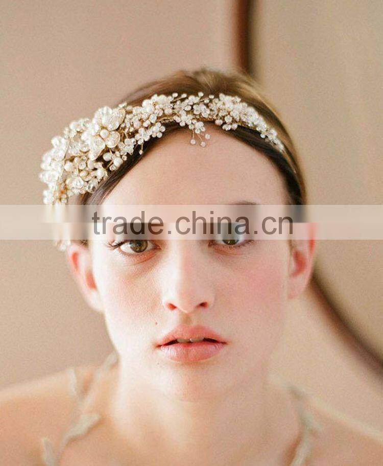 2015 Hot Sale Handmade Rhinestone Golden Flower Hair Band Hair Accessories for Women