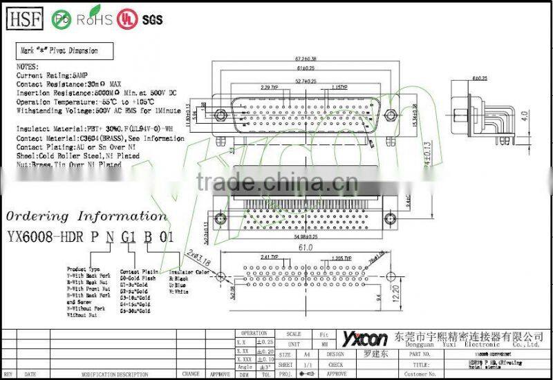 Gold plated 3 U'' DR male 50 pin with high current DB connector