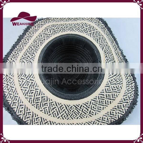 Black and white paper straw floppy hat with tassels