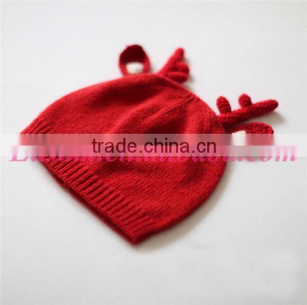 Top quality children antler fabric knitting cony rabbit hair christmas hat for baby