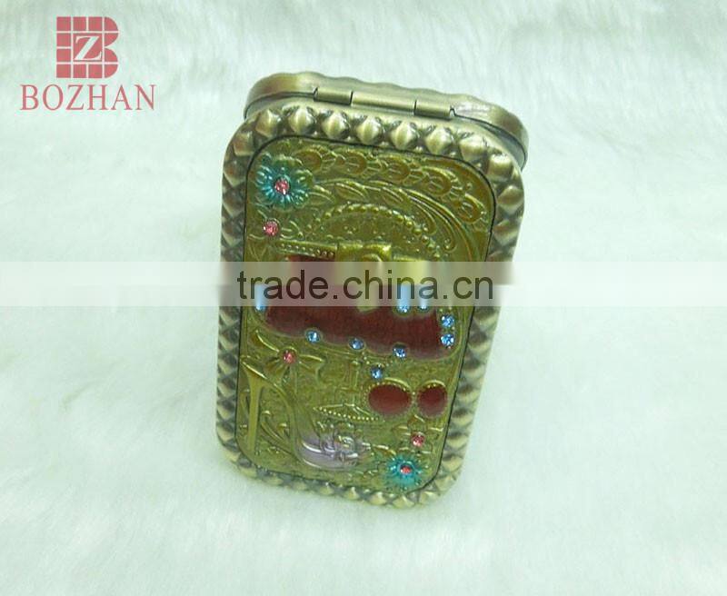 Metal souvenir compact mirror/charm brass cosmetic rhinestone mirror
